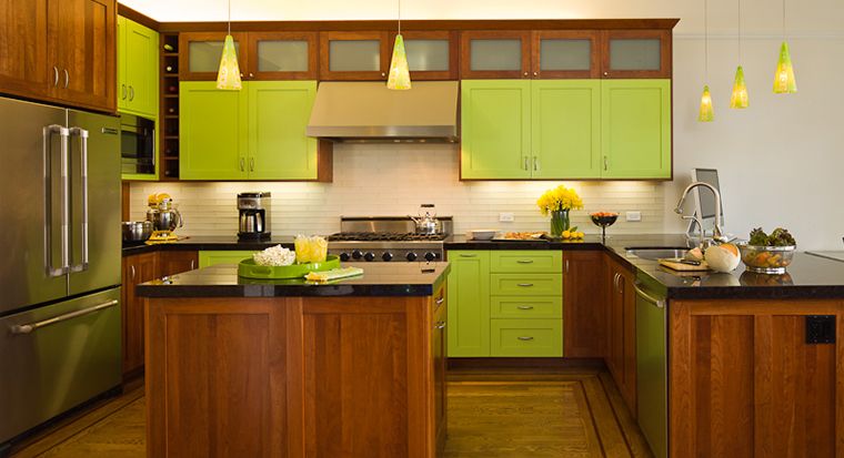 kitchen with bright green cabinets
