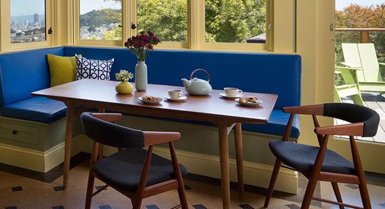 (teak table for breakfast nook and cork tile floors in midcentury patterns