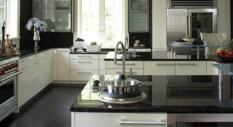 colored appliances in black and white kitchen