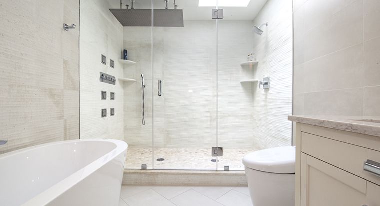 Bathroom with a textured tile shower floor