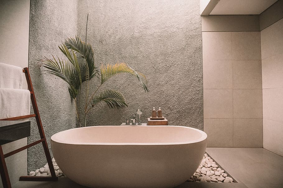bathroom with bathtub and plants